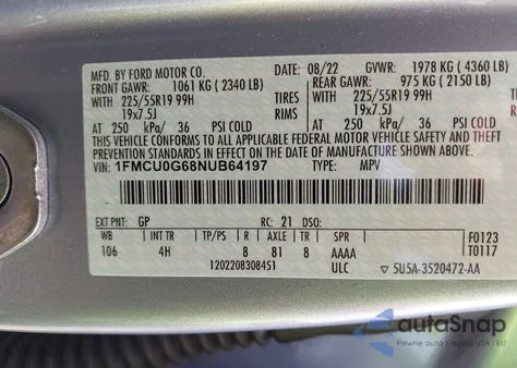 2022 Ford Escape Se из США, поврежденный, VIN 1FMCU0G68NUB64197